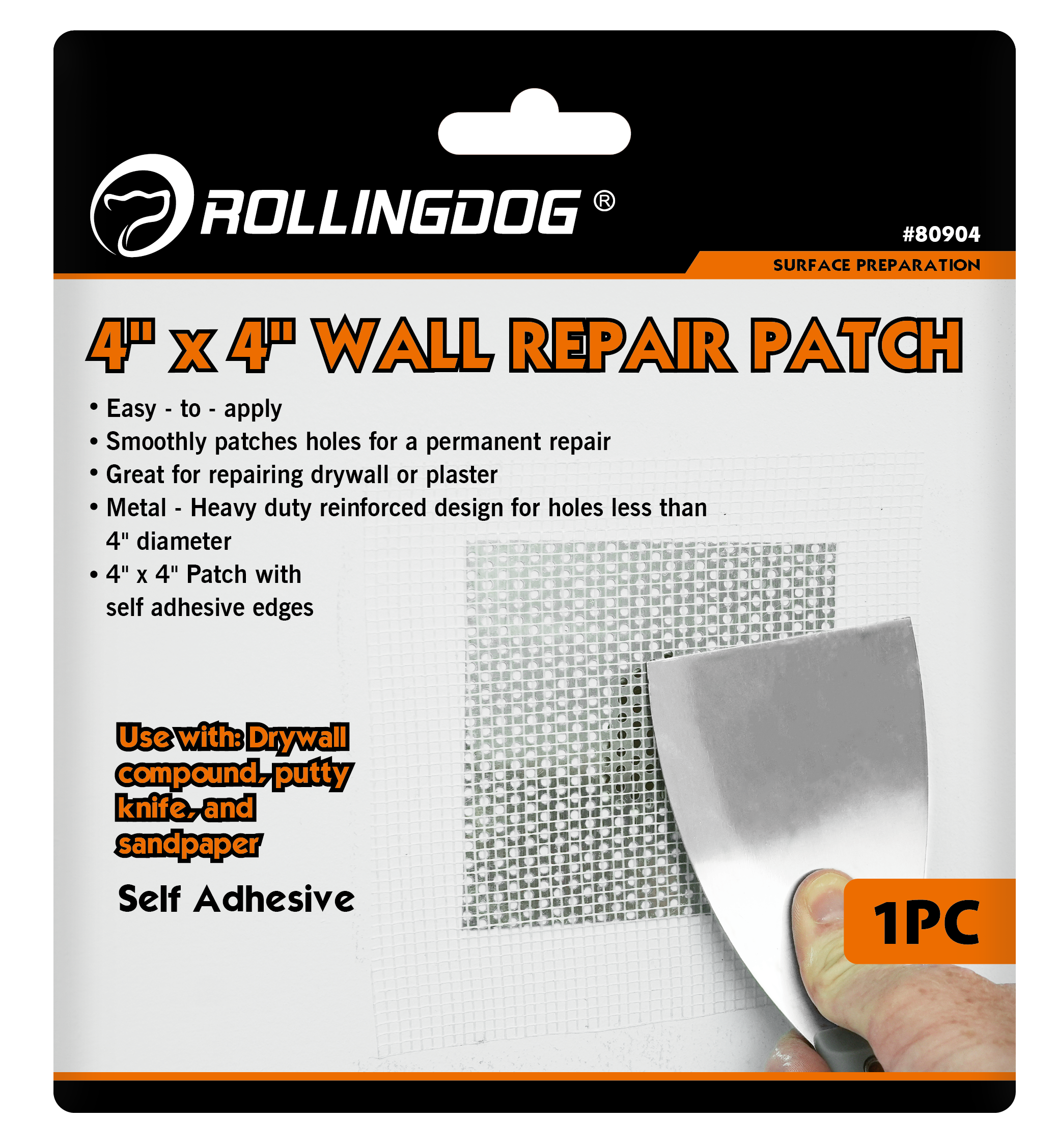 RollingDog wall repair patch packaging with text and a sample patch.