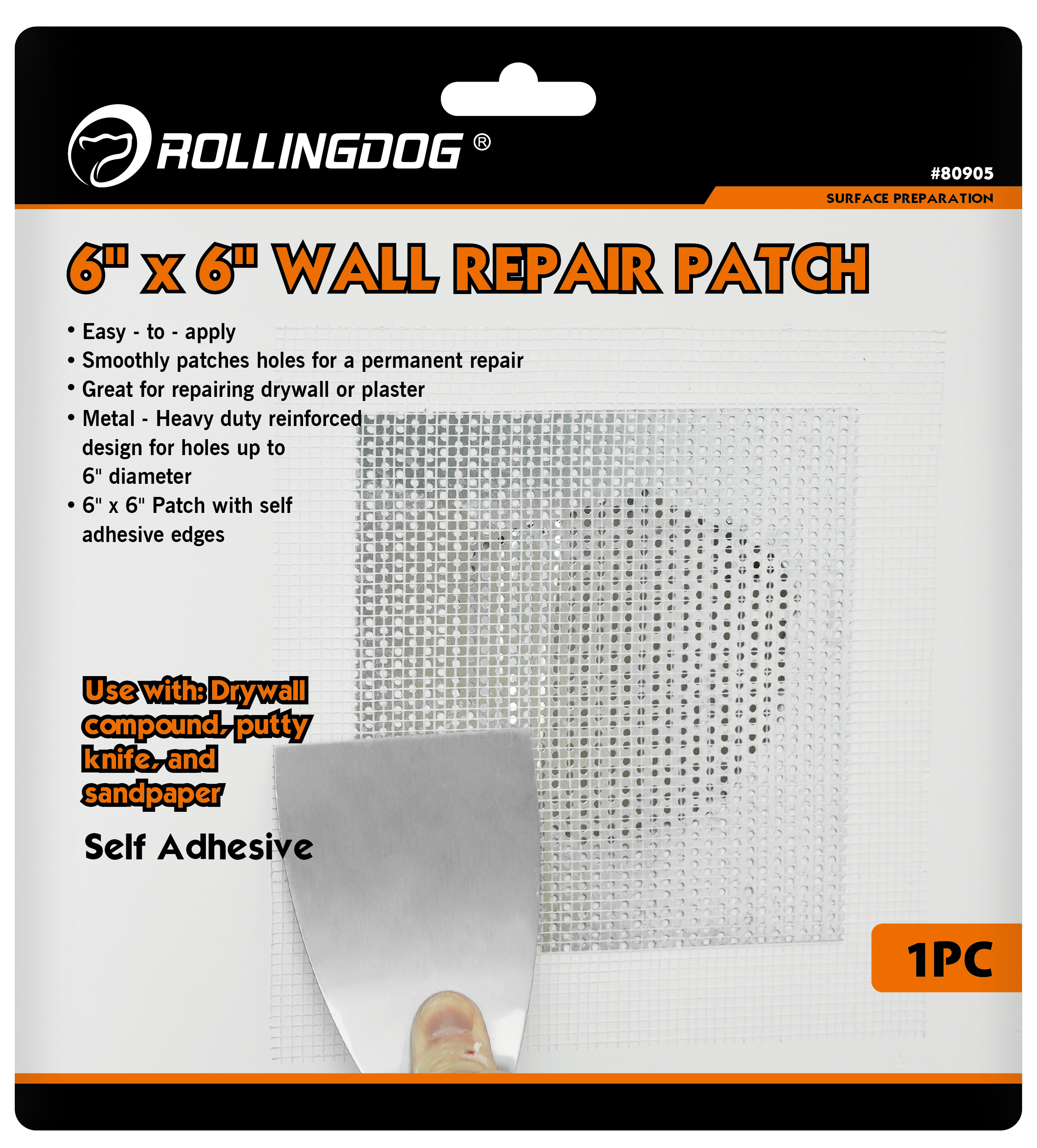 RollingDog wall repair patch packaging with text and a sample patch.
