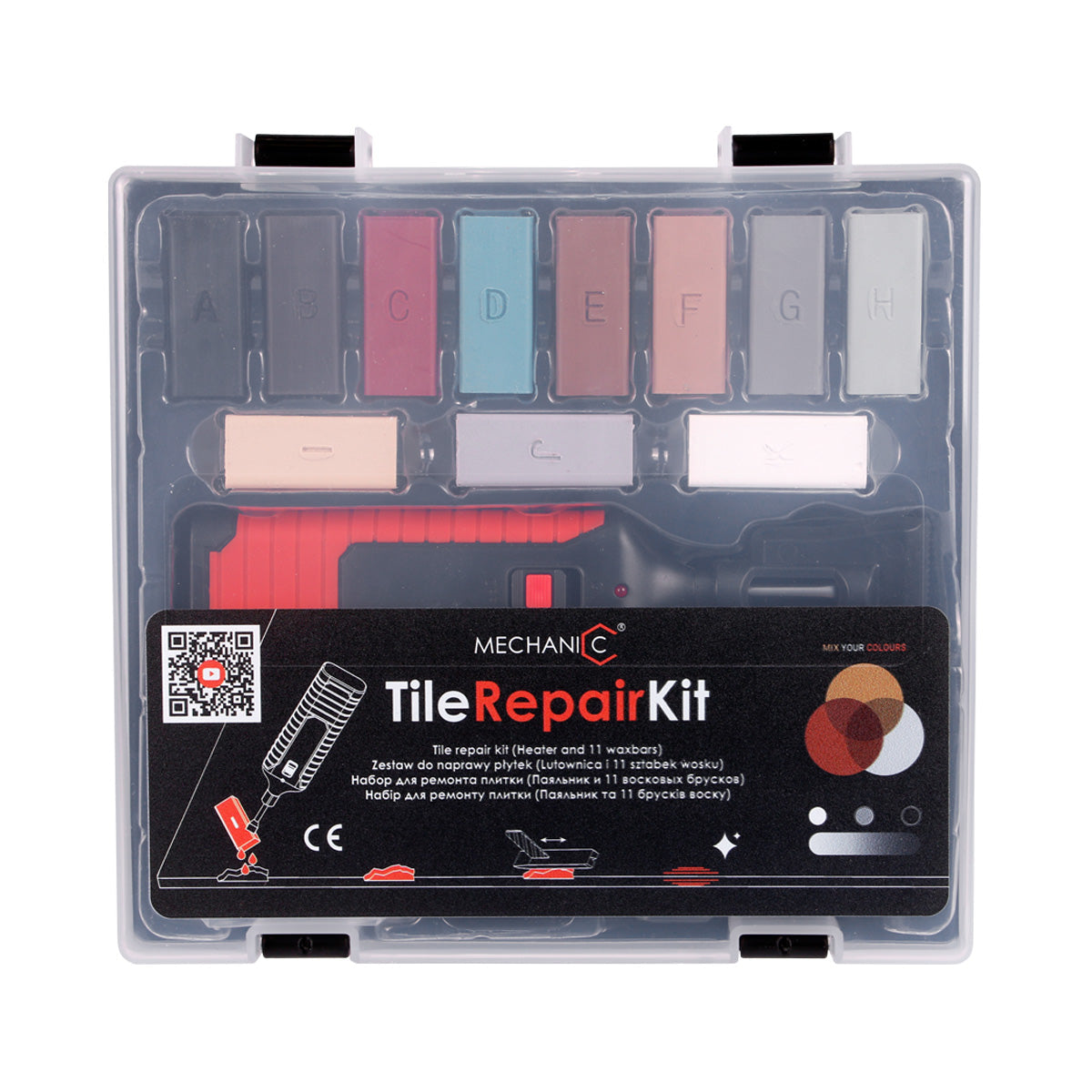 Tile Repair Kit by Mechanic in a transport case with various items including repair wax in different colors, a soldering iron, a rag, a sponge, and a leveling plate.