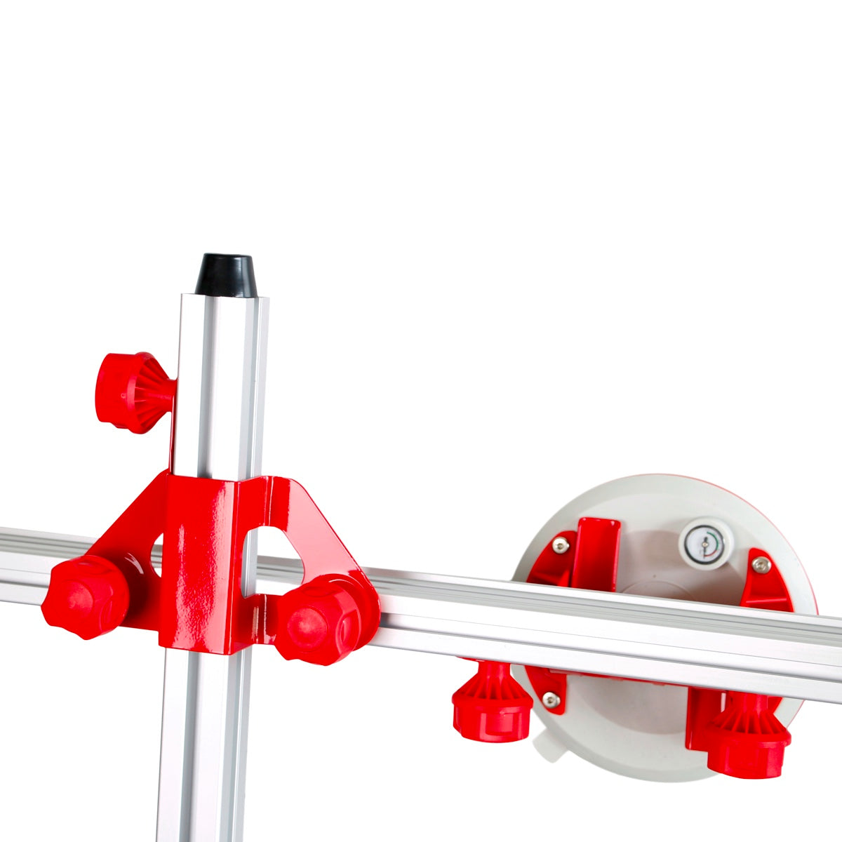 Mechanical device with red and silver components on a white background