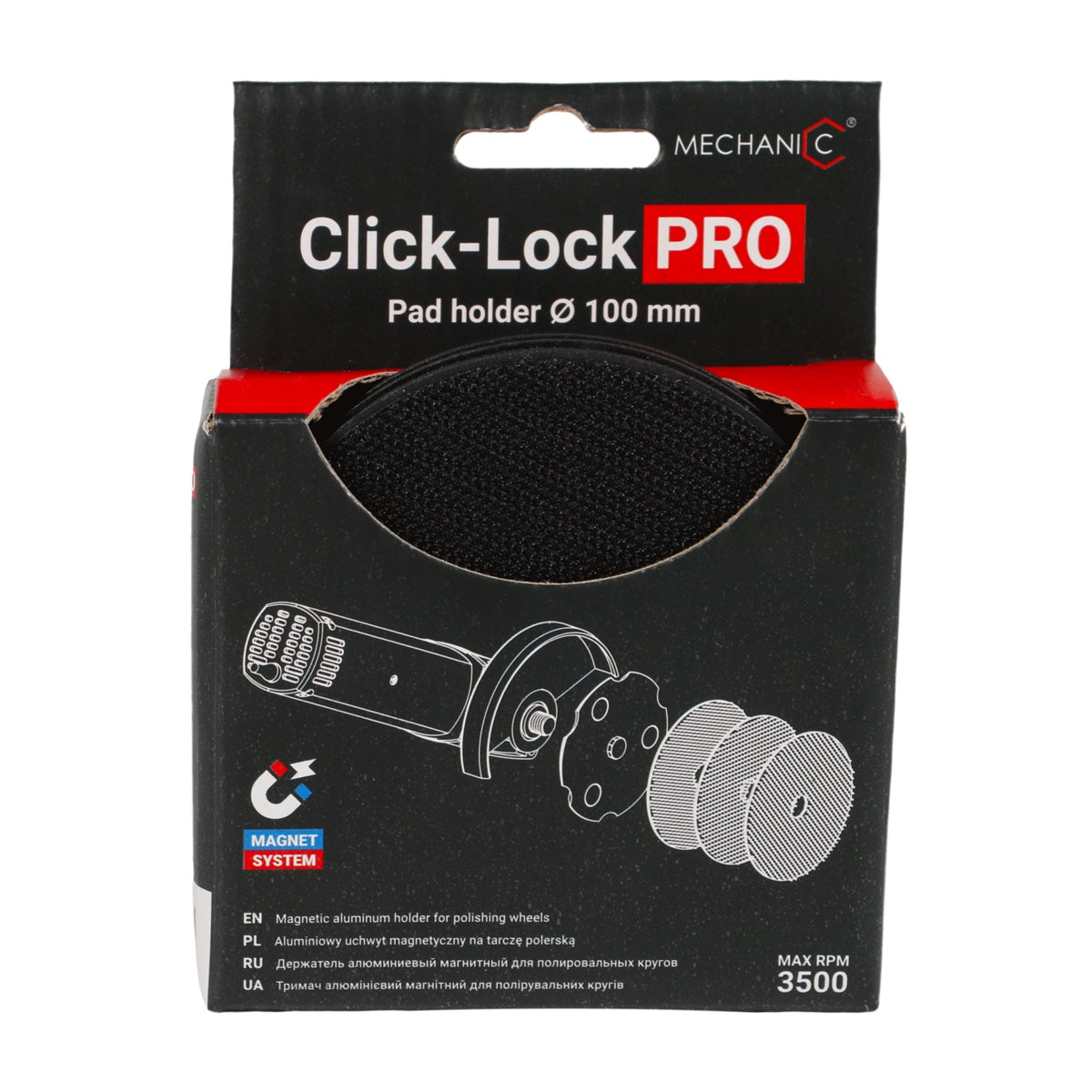 Mechanic Click-Lock Pro pad holder packaging with black pad and branding details.