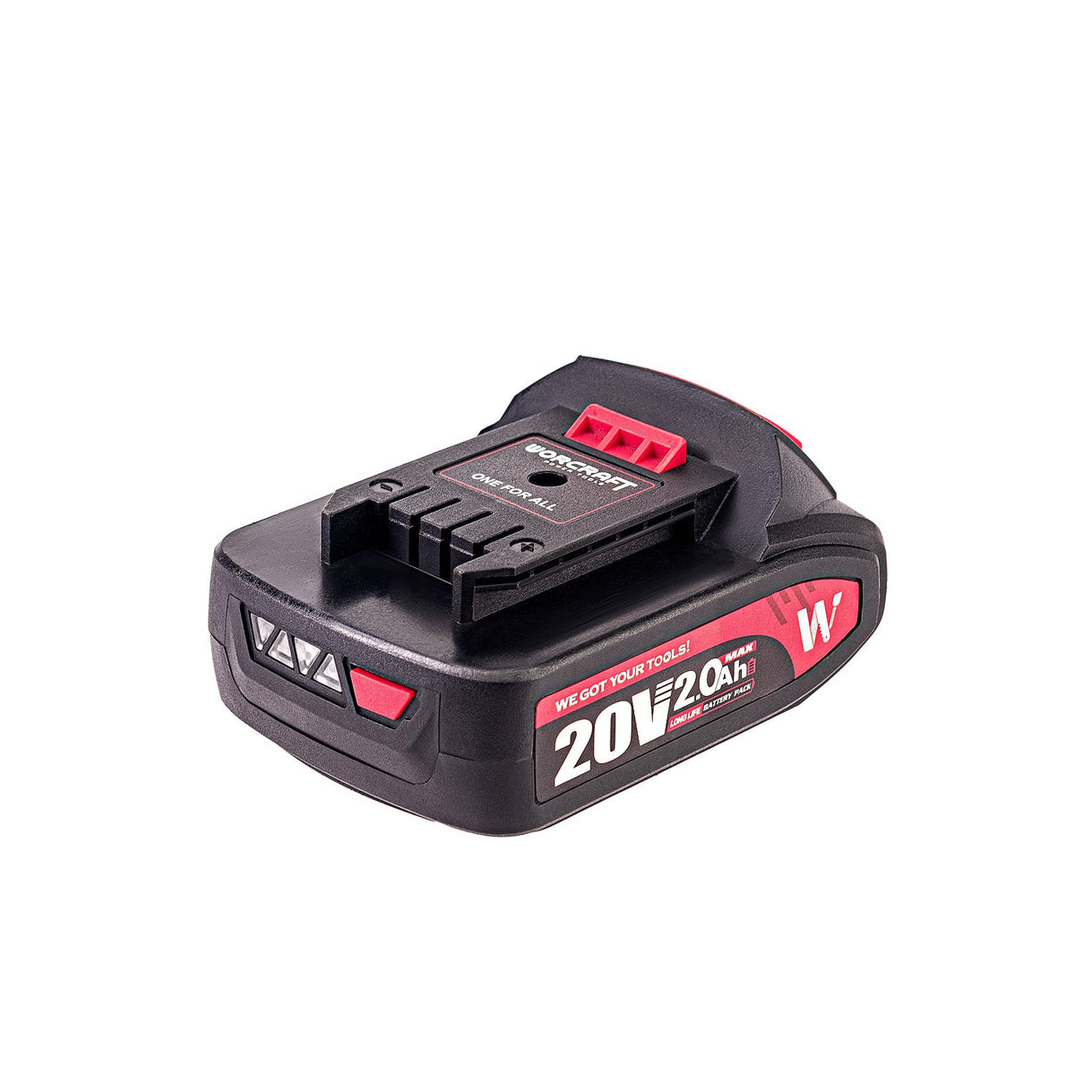 A Worcraft cordless power tool battery pack, specifically a 20V 2.0Ah Li-ion battery, shown from a three-quarters angle on a solid white background.