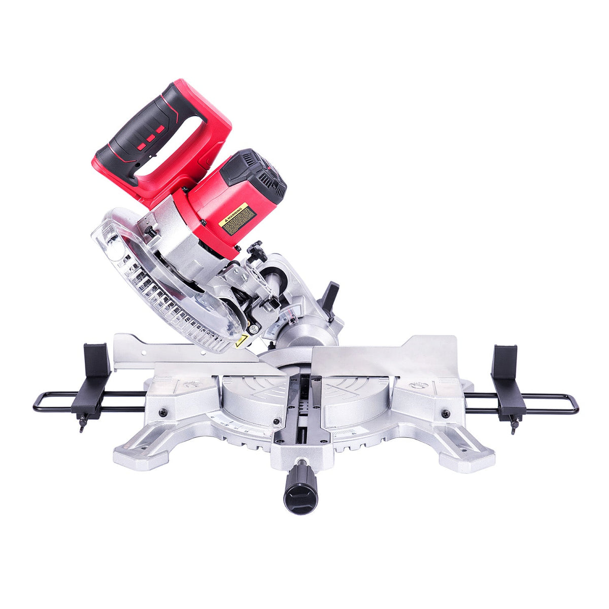 A cordless Worcraftg miter saw with a red and black cordless motorized handle, a silver aluminum base, and black guide rails, shown on a solid white background.