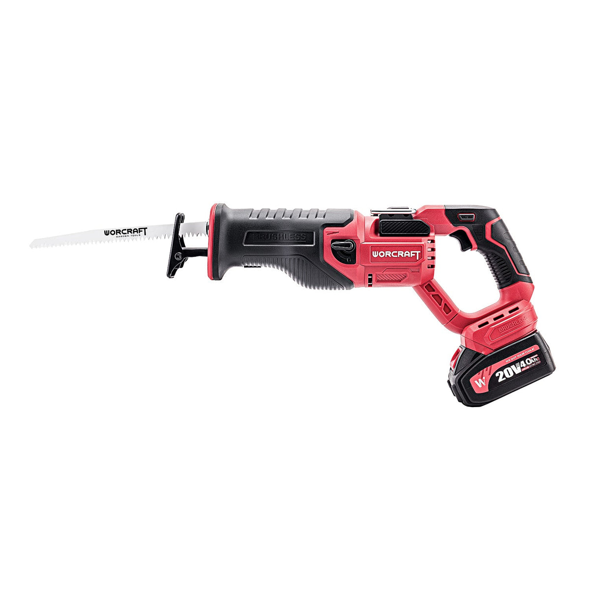 A cordless reciprocating saw with a red and black body, a silver metal blade, and a red-and-black battery pack, shown against a plain white background.