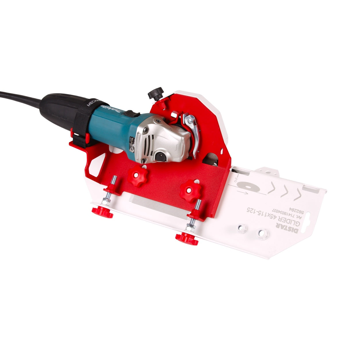 Tile miter cutting guard mounted on 4.5" angle grinder for porcelain bevel work
