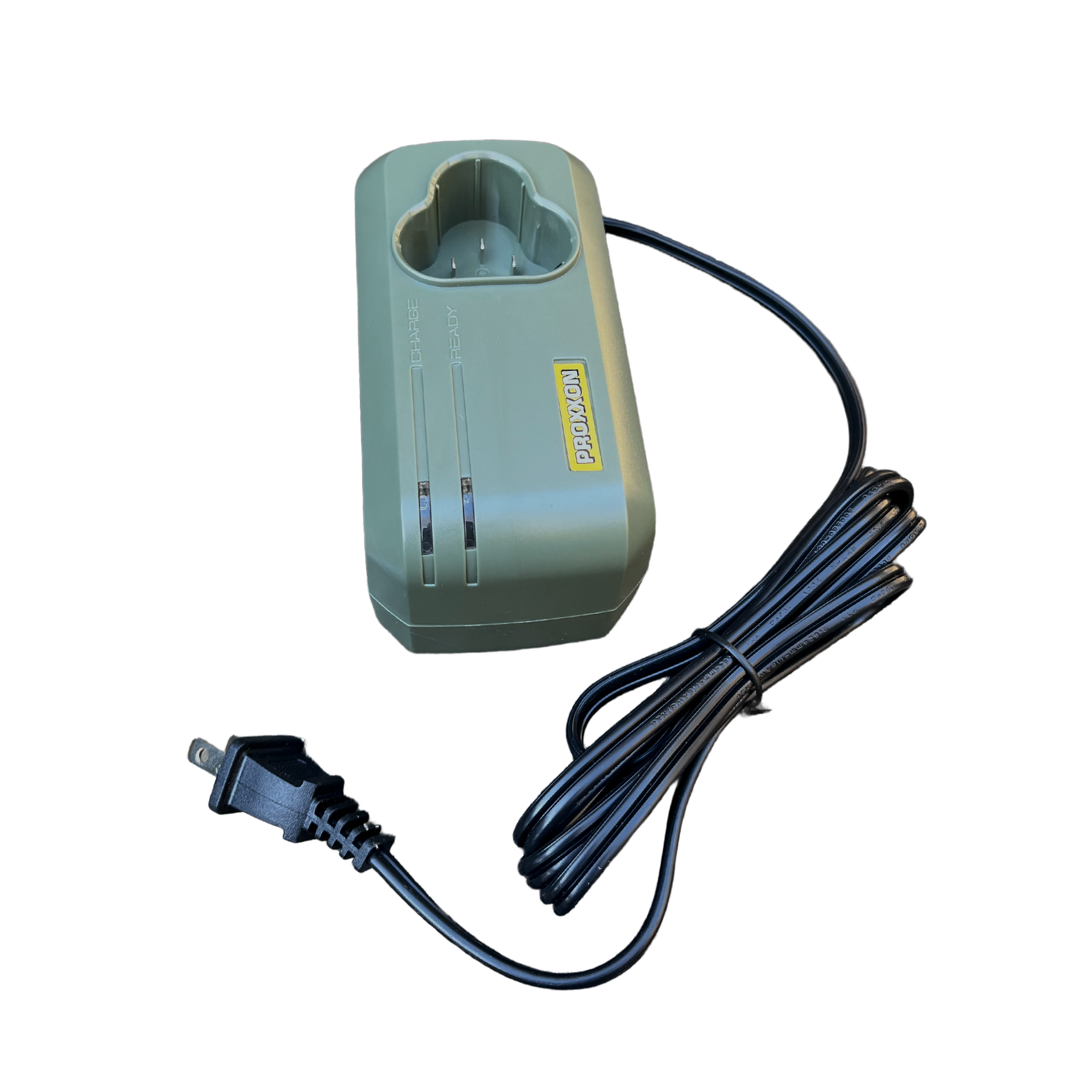 Green battery charger with power cord on a white background