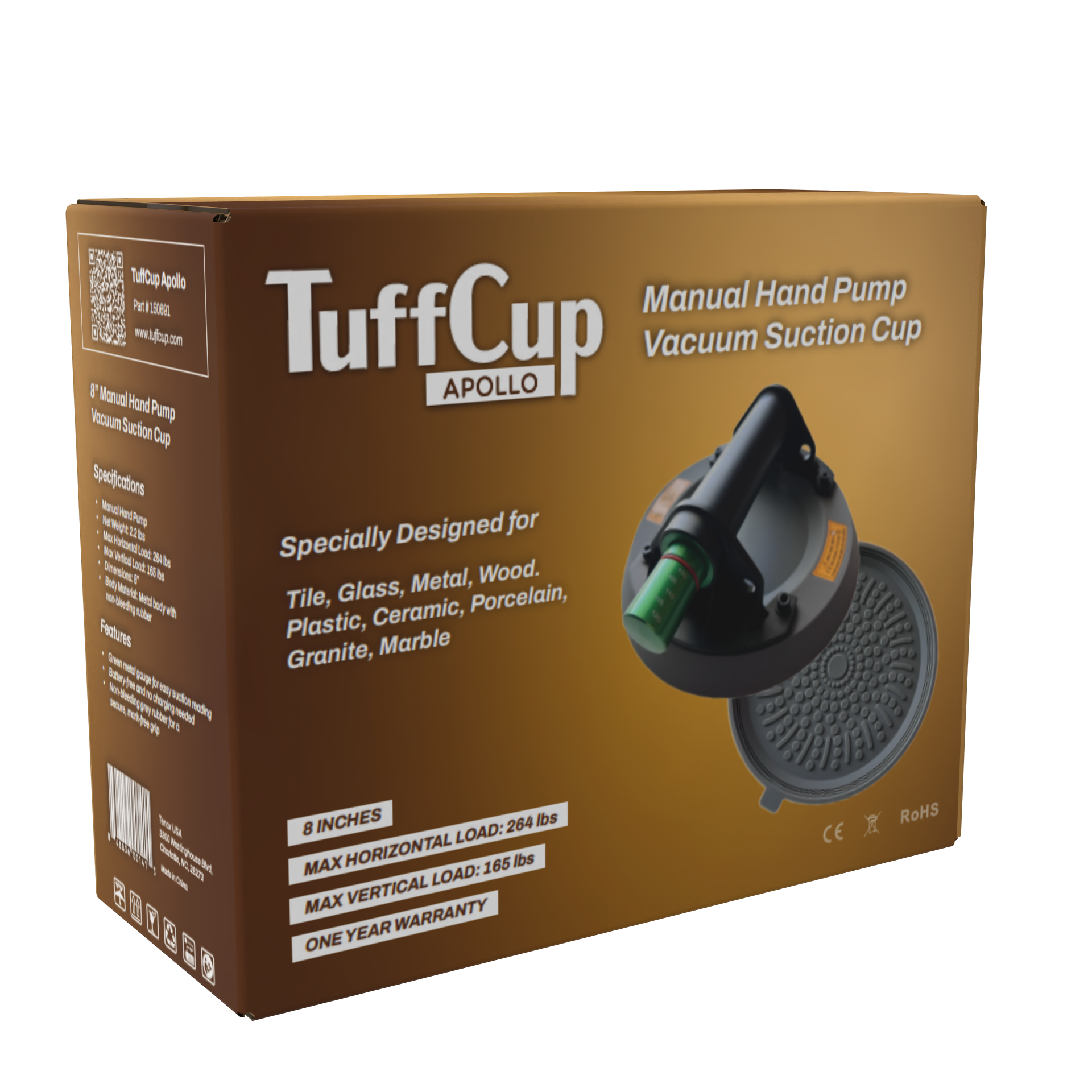 TuffCup Apollo 8" Manual Hand Pump Suction Cup Heavy-Duty Vacuum Lifter for Stone, Glass & Tile | Specification View | apo...