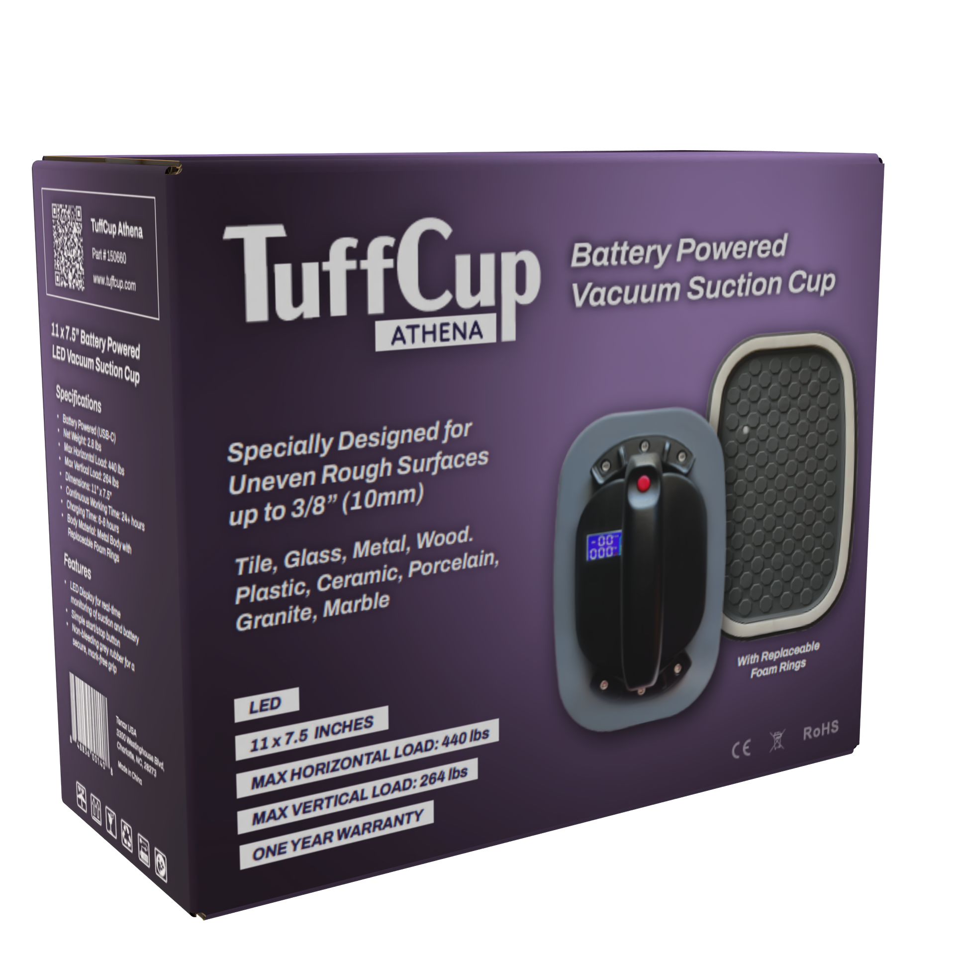 TuffCup Athena 11" LED Battery Powered Vacuum Cup – Heavy-Duty Suction for Rough Surfaces | Specification View | athena | ...