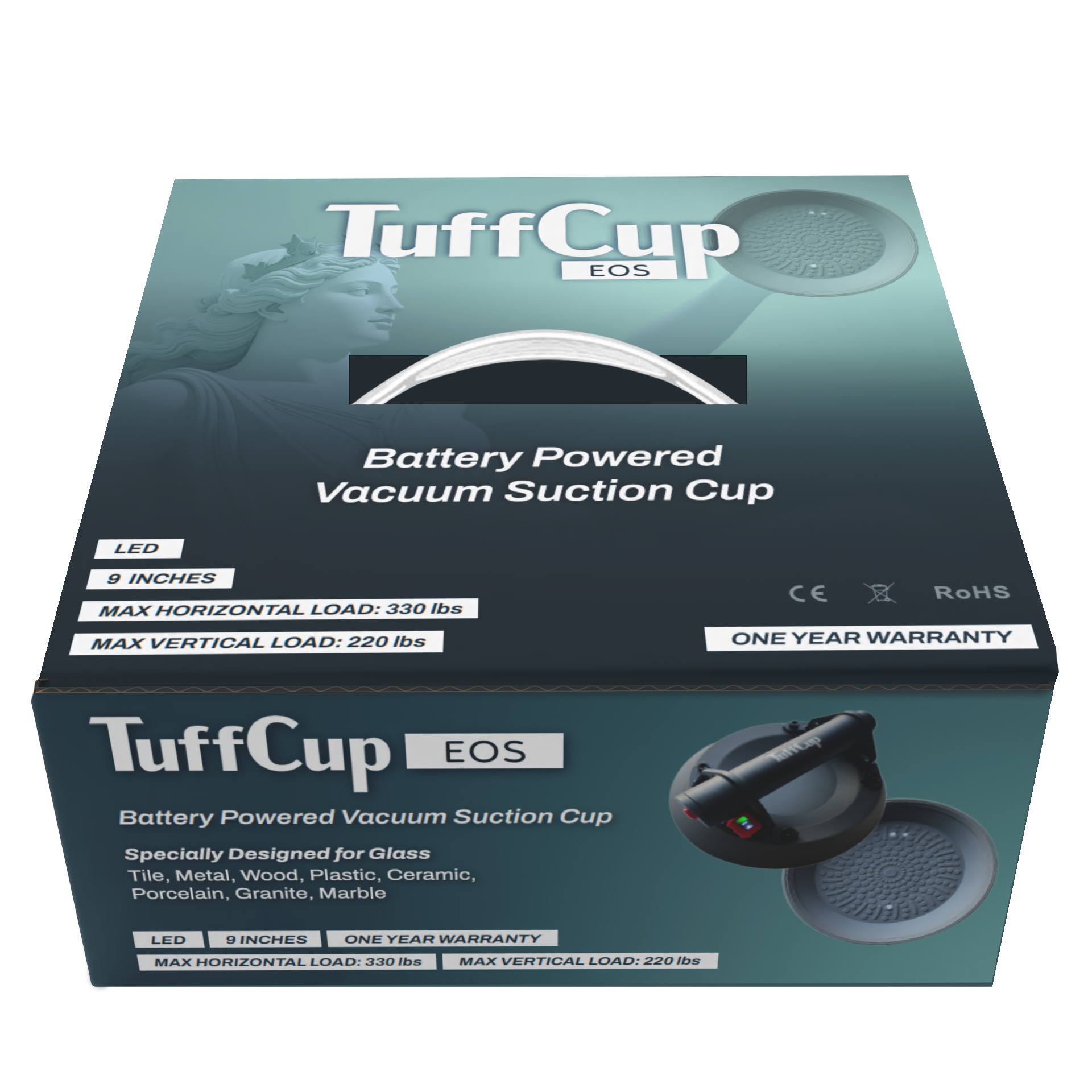 TuffCup Eos 9" LED Electric Battery Powered Vacuum Cup Heavy-Duty Suction for Glass, Stone & Metal | In-Use View | battery...