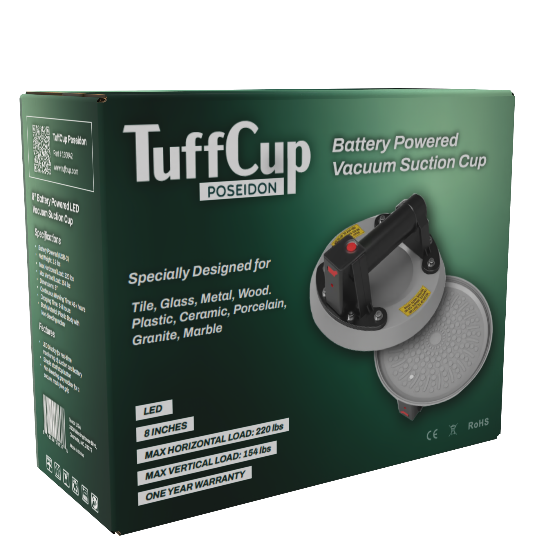TuffCup Poseidon 8" Battery Powered Vacuum Cup Lightweight Electric Suction Lifter | Feature Detail | battery powered | Pr...