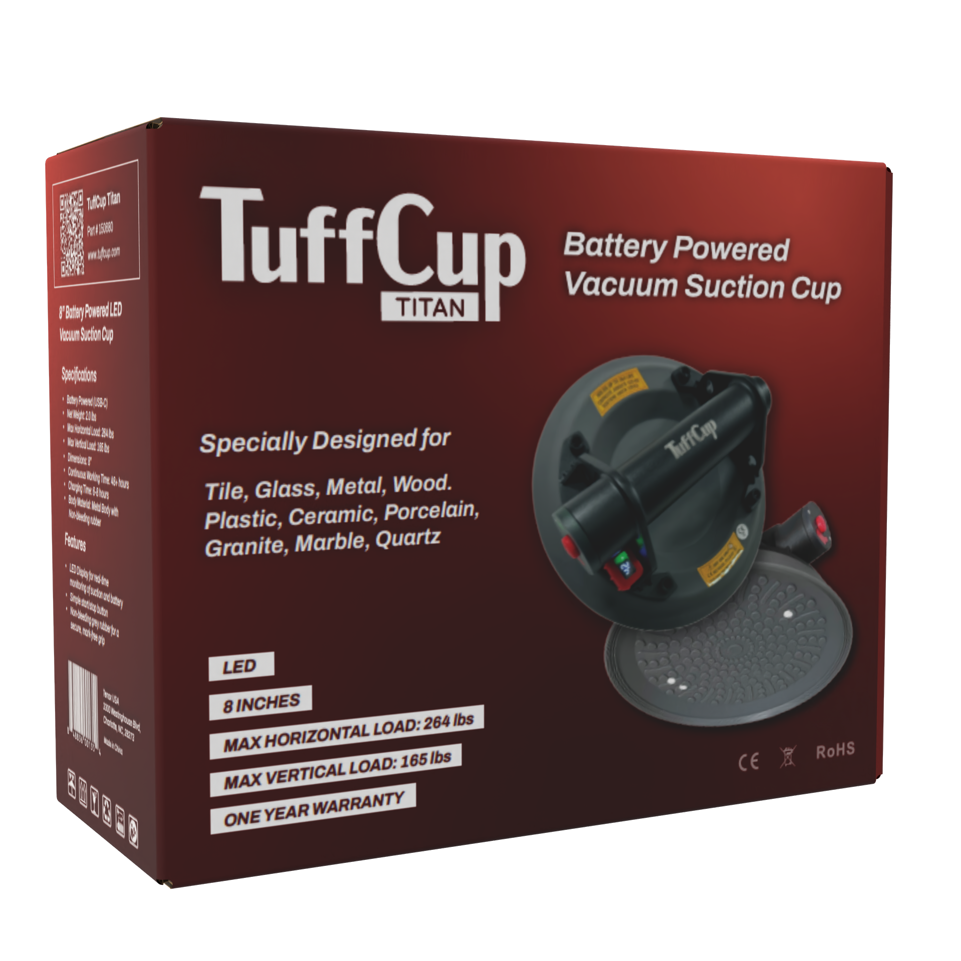 TuffCup Titan 8" LED Battery Powered Vacuum Cup – Heavy-Duty Electric Suction Tool | Close-up Detail | battery powered | P...