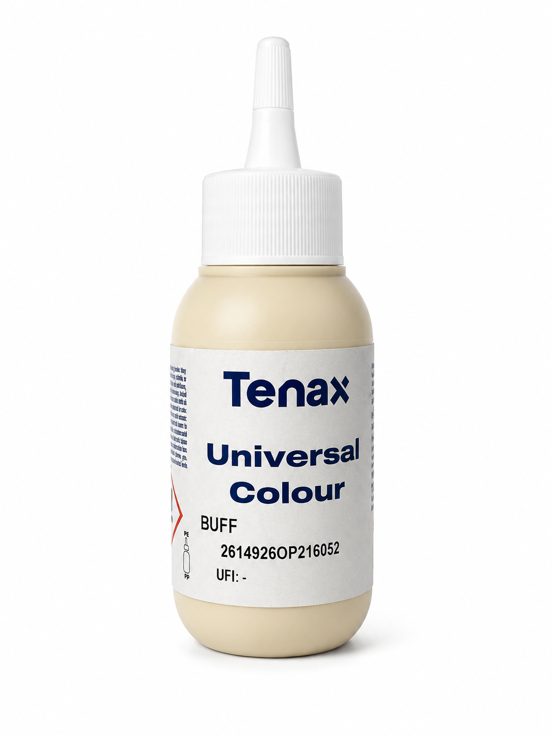 Tenax Universal Colour Buff liquid bottle with a white cap and beige liquid inside, on a white background.
