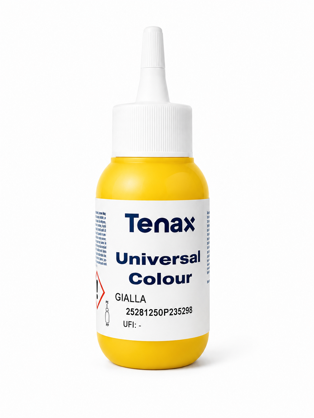 Tenax Universal Colour paint bottle in yellow, featuring a white cap and a white label with blue text, set against a plain white background.