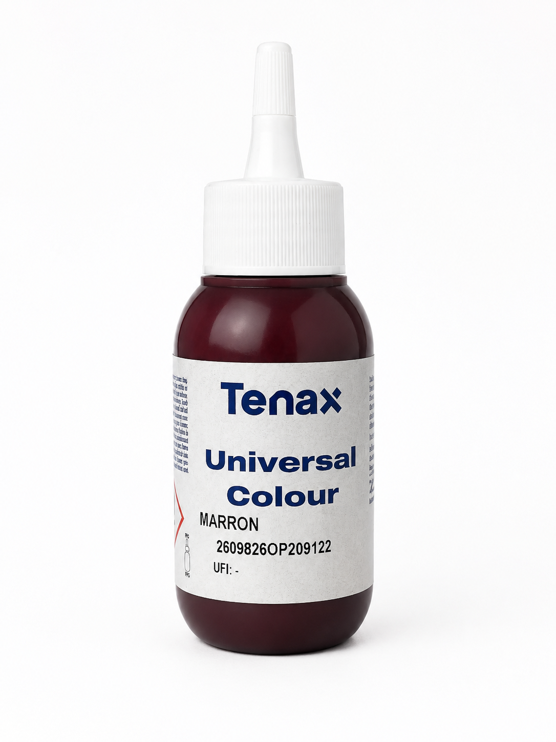 Tenax Universal Colour dye bottle in the shade Marron, featuring a white cap and a white label with blue text, set against a plain white background.