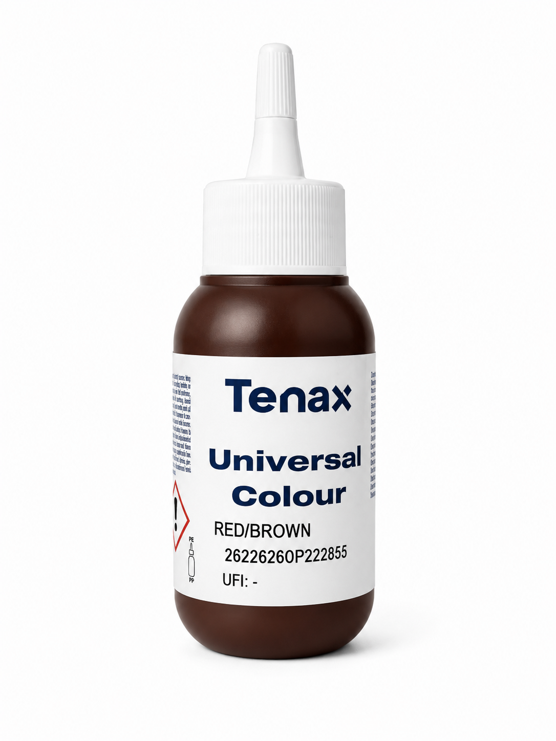 Tenax Universal Colour dye bottle in the Red/Brown shade, featuring a dark brown bottle, white cap, and white label with blue text on a clean white background.
