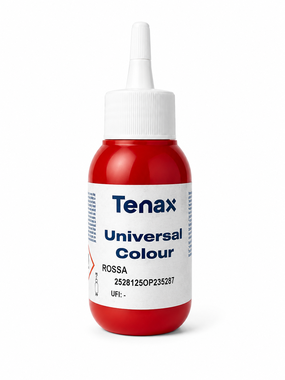 Tenax Universal Colour paint bottle in red, with a white cap and a white label, on a white background.
