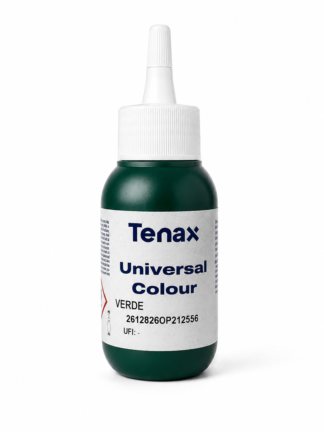 Tenax Universal Colour paint bottle in Verde, featuring a dark green bottle, white cap, and a white label with blue text, set against a plain white background.