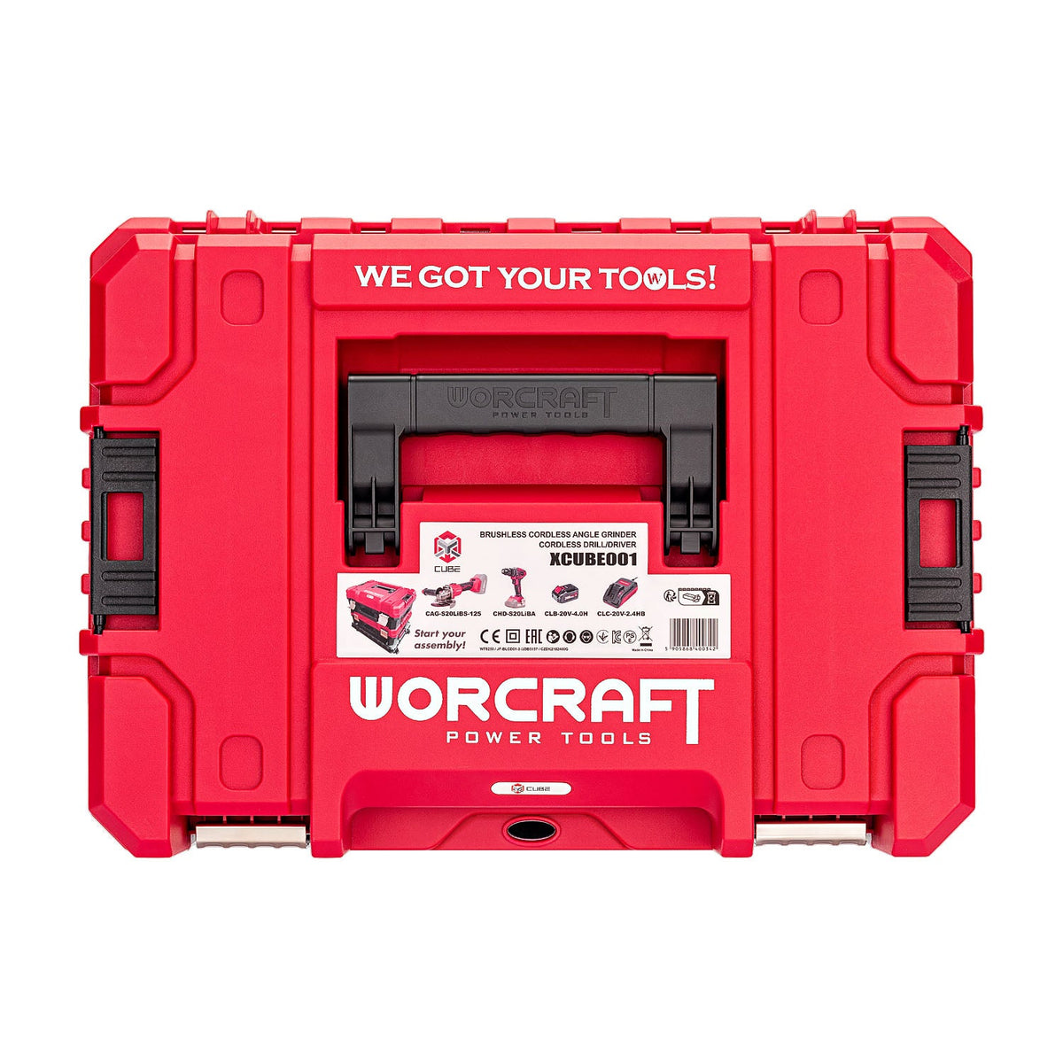 A red heavy-duty tool storage case with black handles and white branding, shown from the back against a white background.