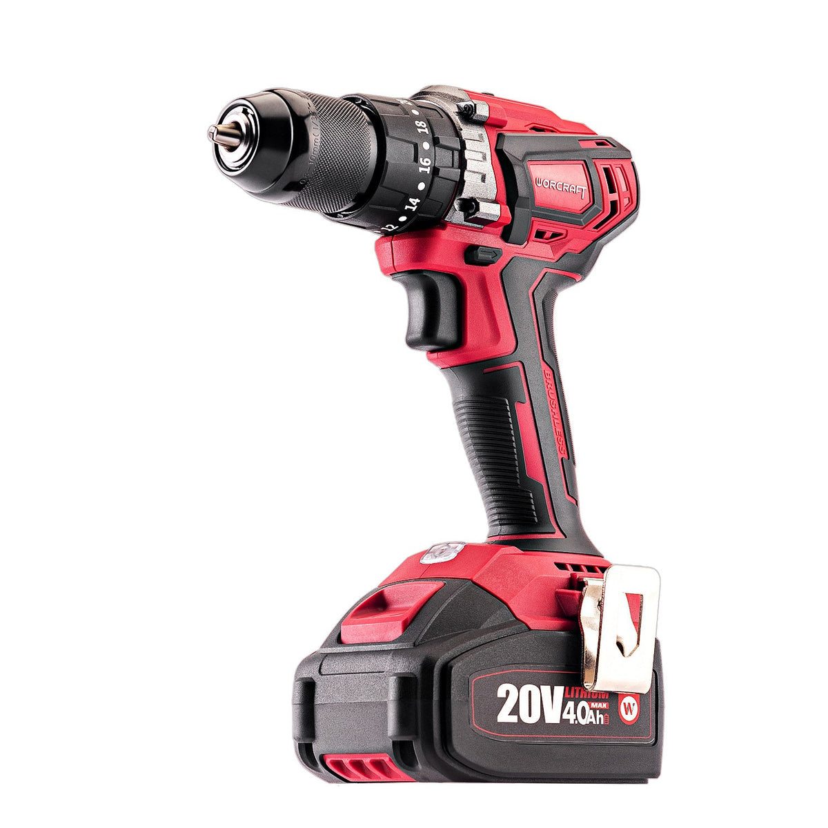 A cordless drill with an attached battery pack, shown from a three-quarters angle on a solid white background. The drill features a red and black body with a silver metal chuck.