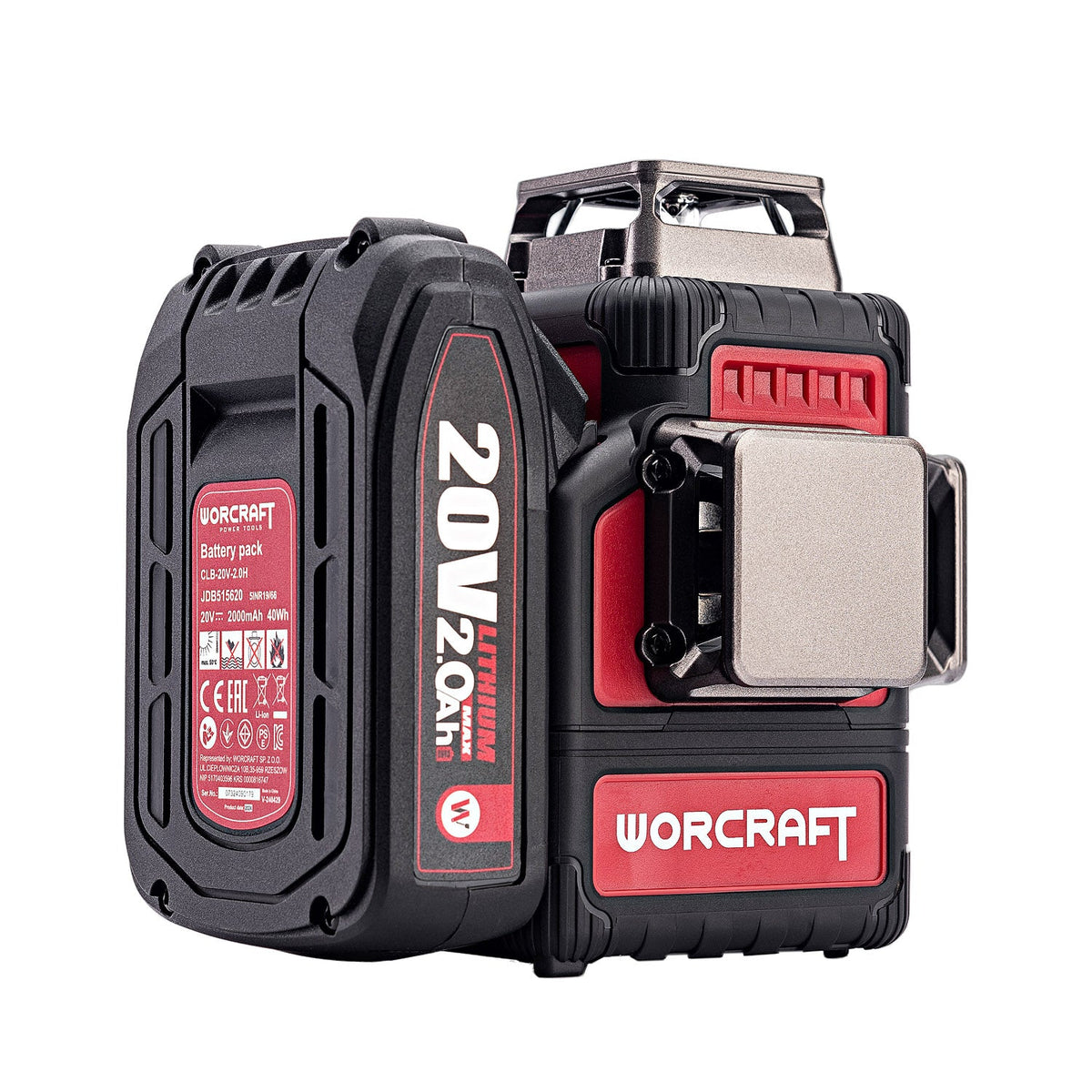 A WORCRAFT 20V 2.0Ah Lithium+ battery pack with an integrated mounting bracket, shown on a solid white background.