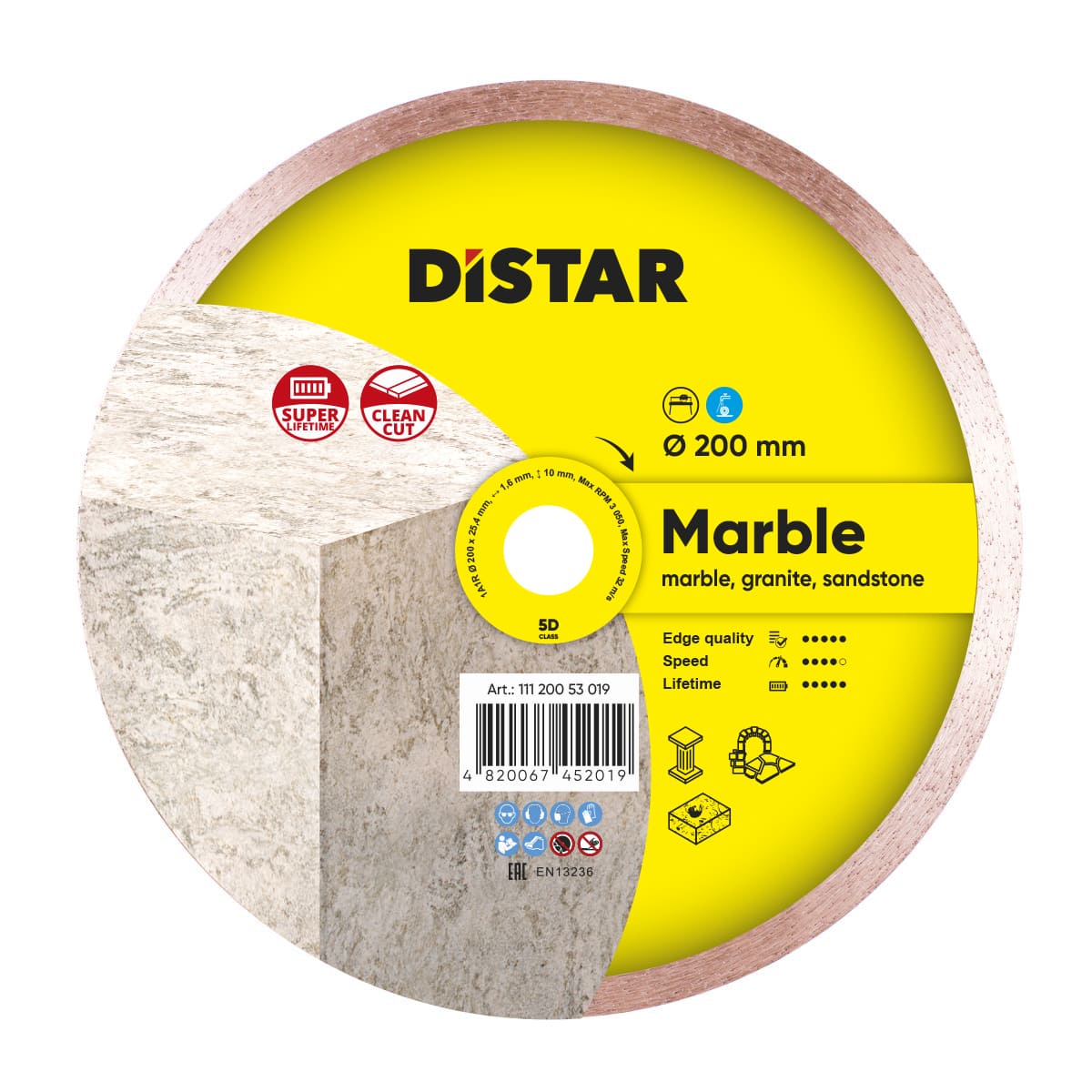 A diamond blade with yellow and black color scheme, designed for cutting marble and other natural stones.