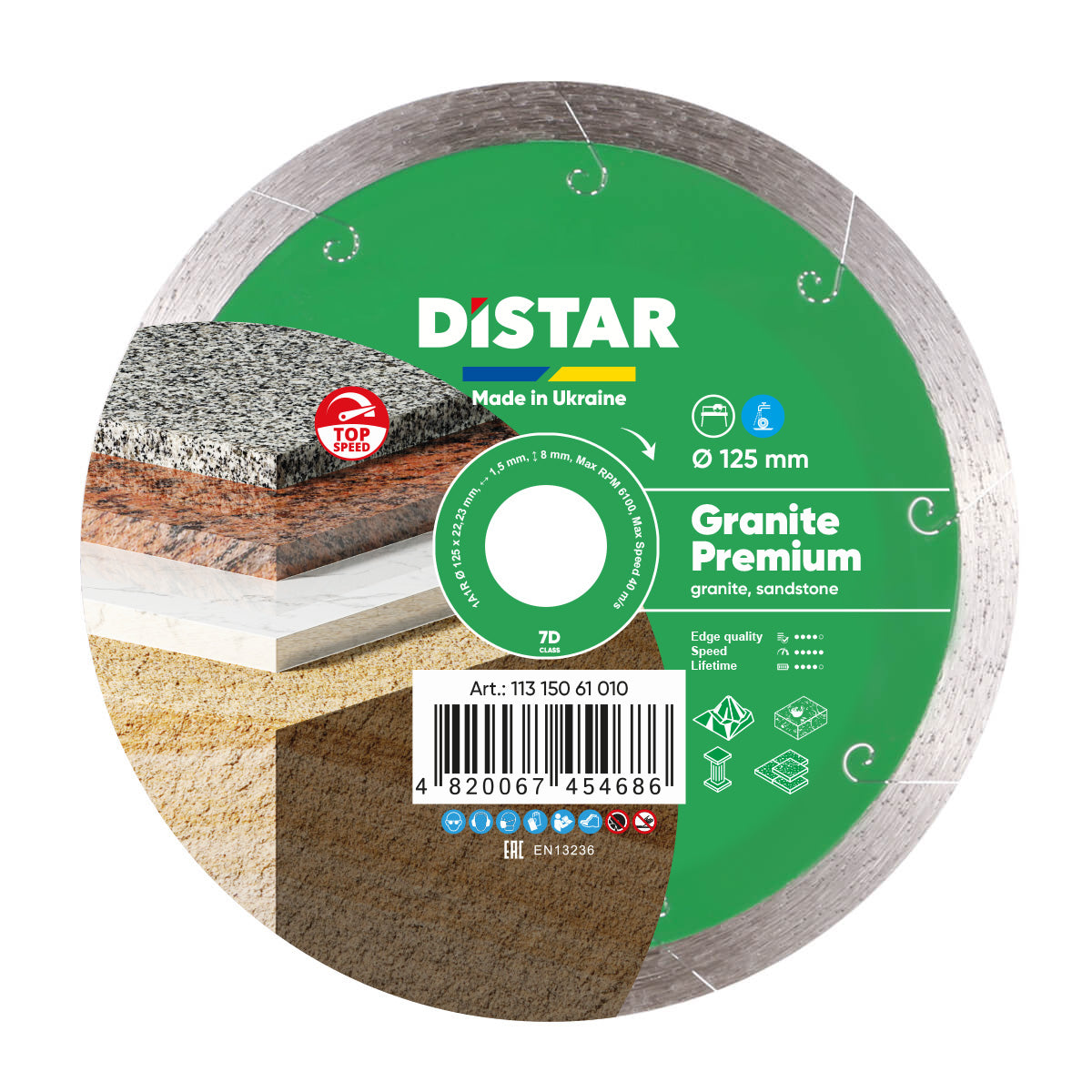 Diamond cutting disc with Distar branding and granite premium label on a white background