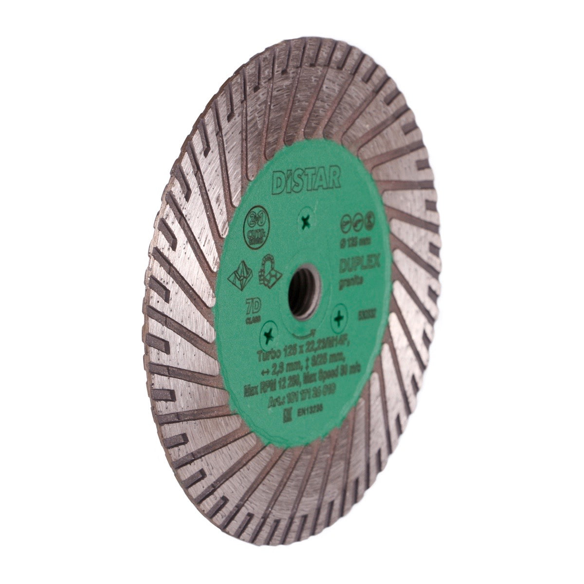 Turbo flap disc with green label on white background