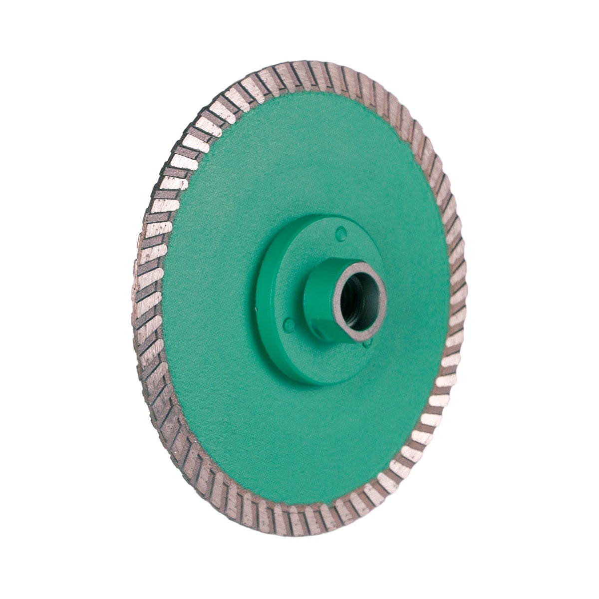 Diamond cutting blade with a green center and a silver-colored outer rim with grinding teeth, designed for use with angle grinders.