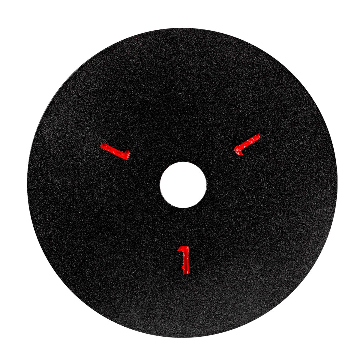 A black fixing plate with red markings for mounting on an angle grinder.