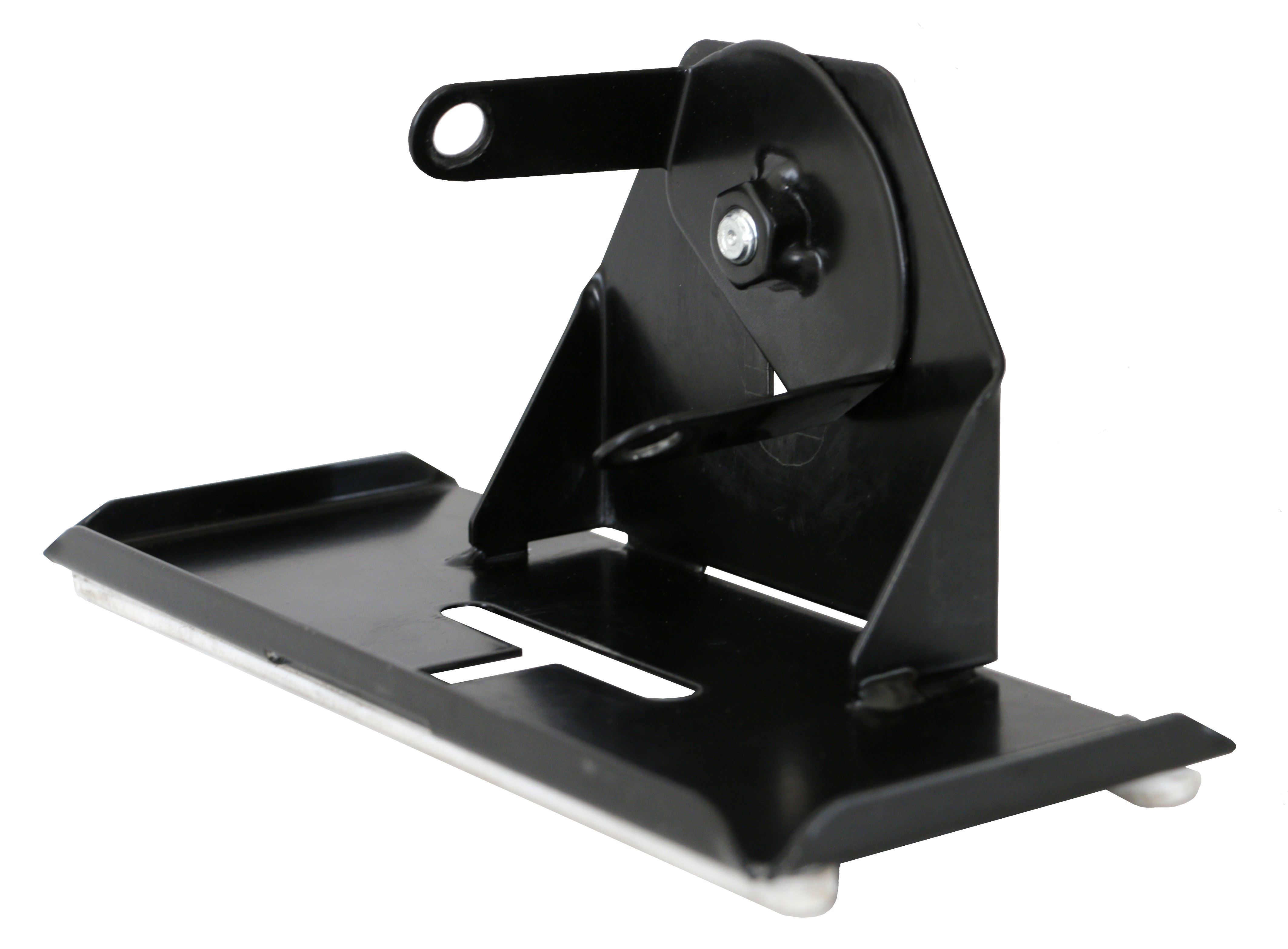 Black adjustable cutting slider for an angle grinder, with a flat base and a mounting bracket.